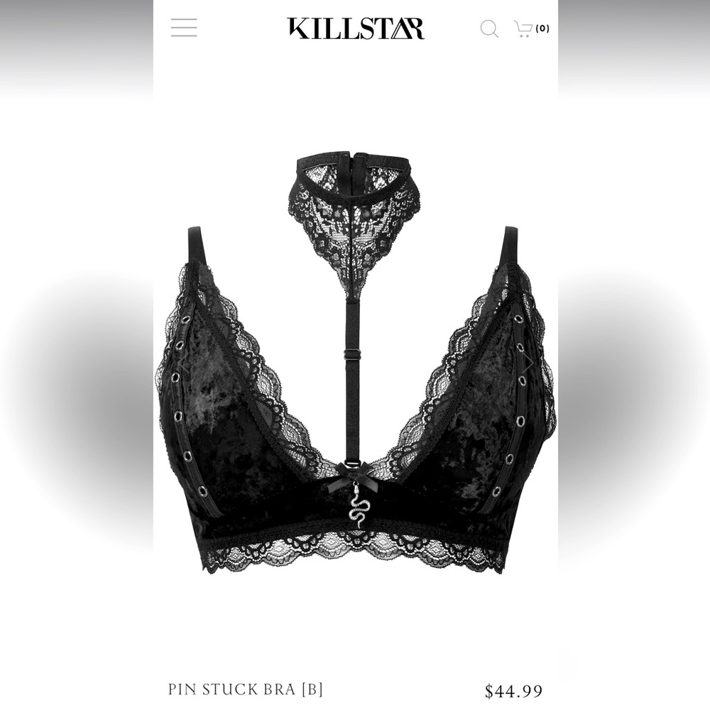 NEW WITH TAGS! Killstar Black Velvet & Lace Bra Size Medium